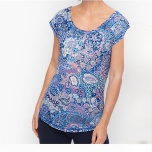 Talbots Blue Paisley Cap-Sleeve Scoop Neck Top